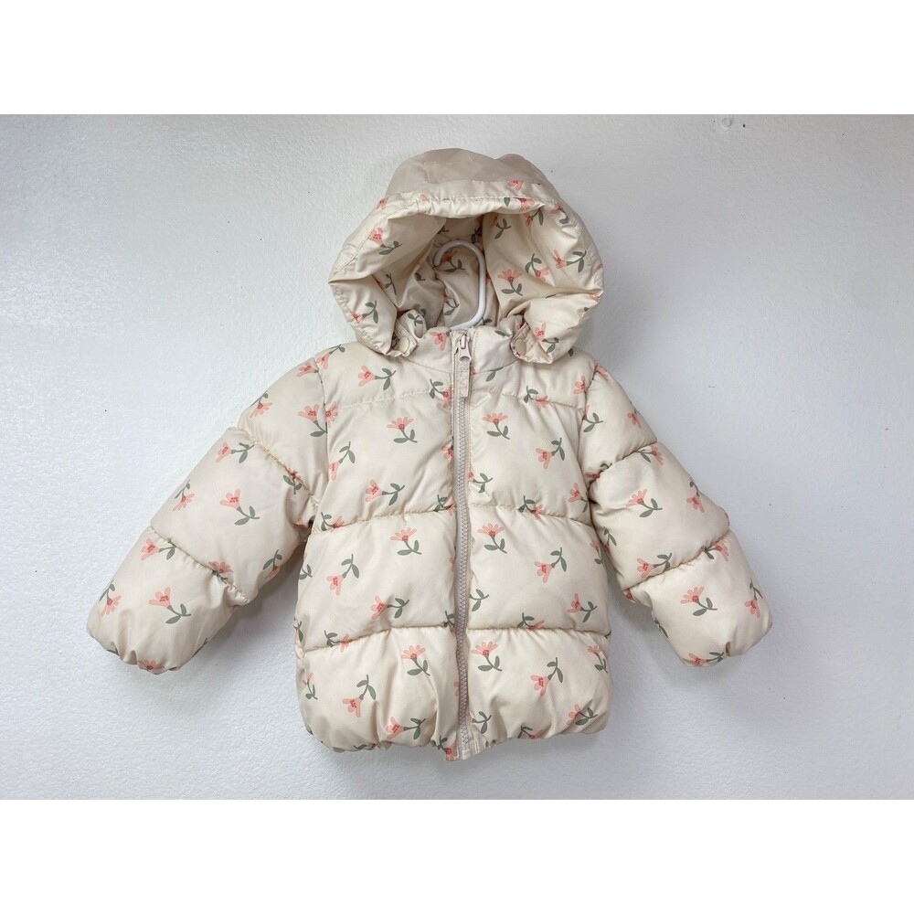 H&M Girls Ivory Pink Floral Puffer Hooded Jacket Removable Hood Warm 18 Months